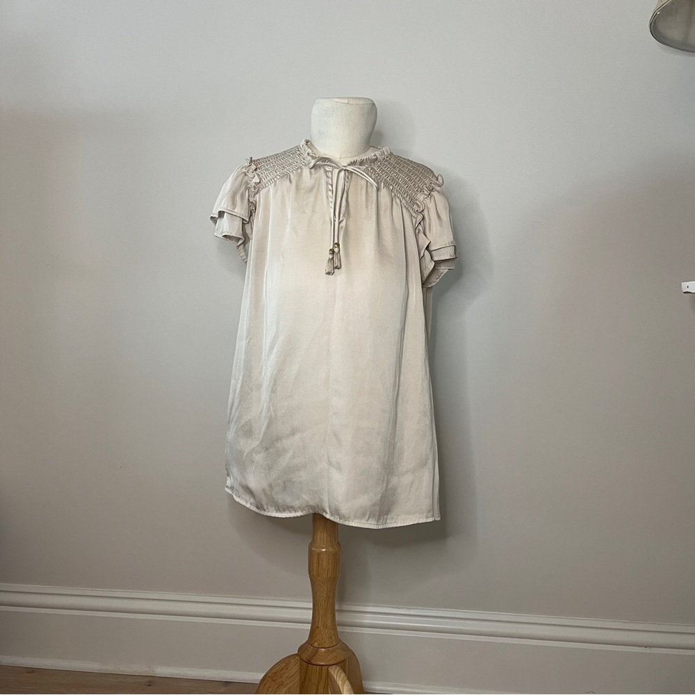 Cream Short Sleeve Blouse with Tassel Tie